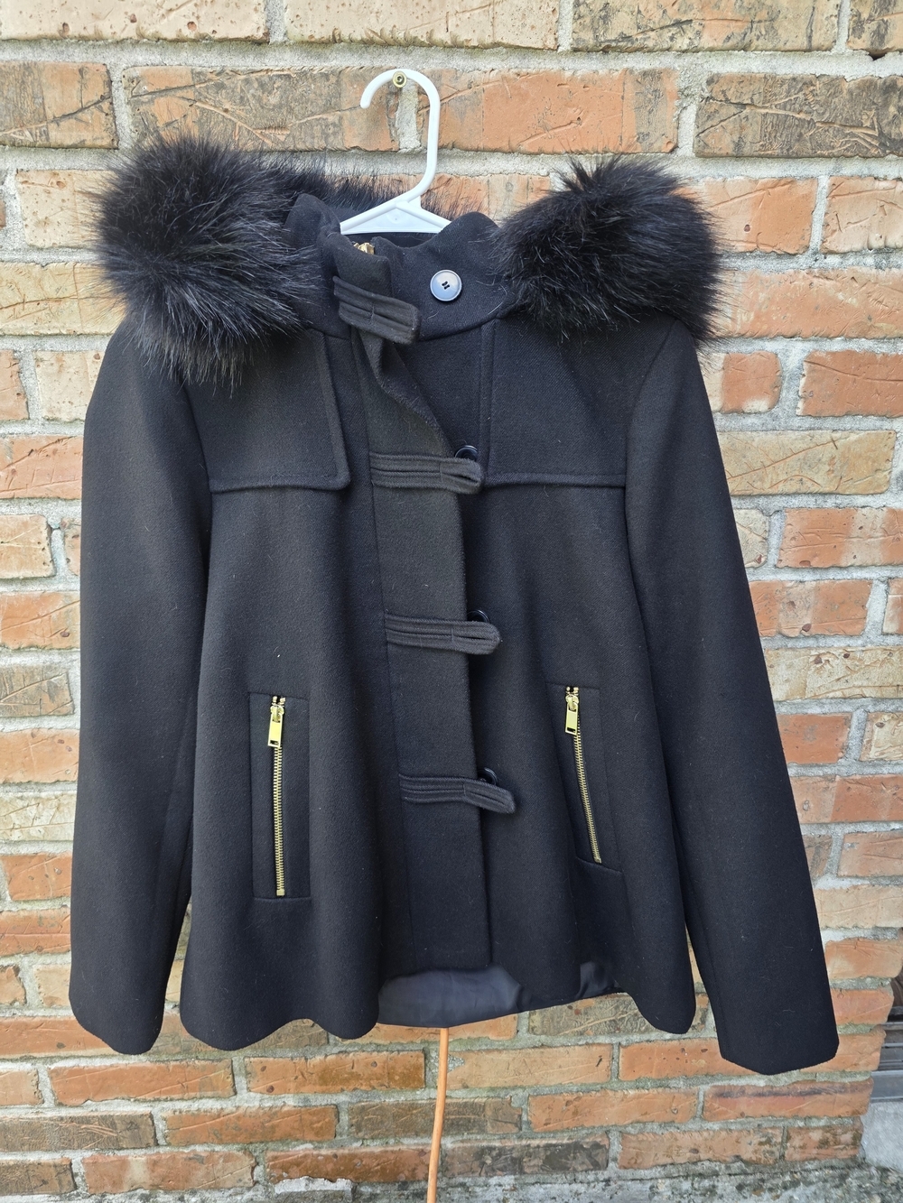 Zara Black Faux Fur-Trim Toggle Pea Coat - Picture 7 of 16